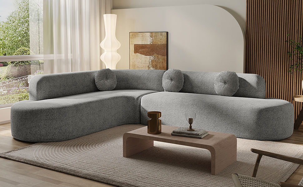 Sectional Sofa Curved Corner Chenille Gray 4 Seat 122 In 3 Pillows