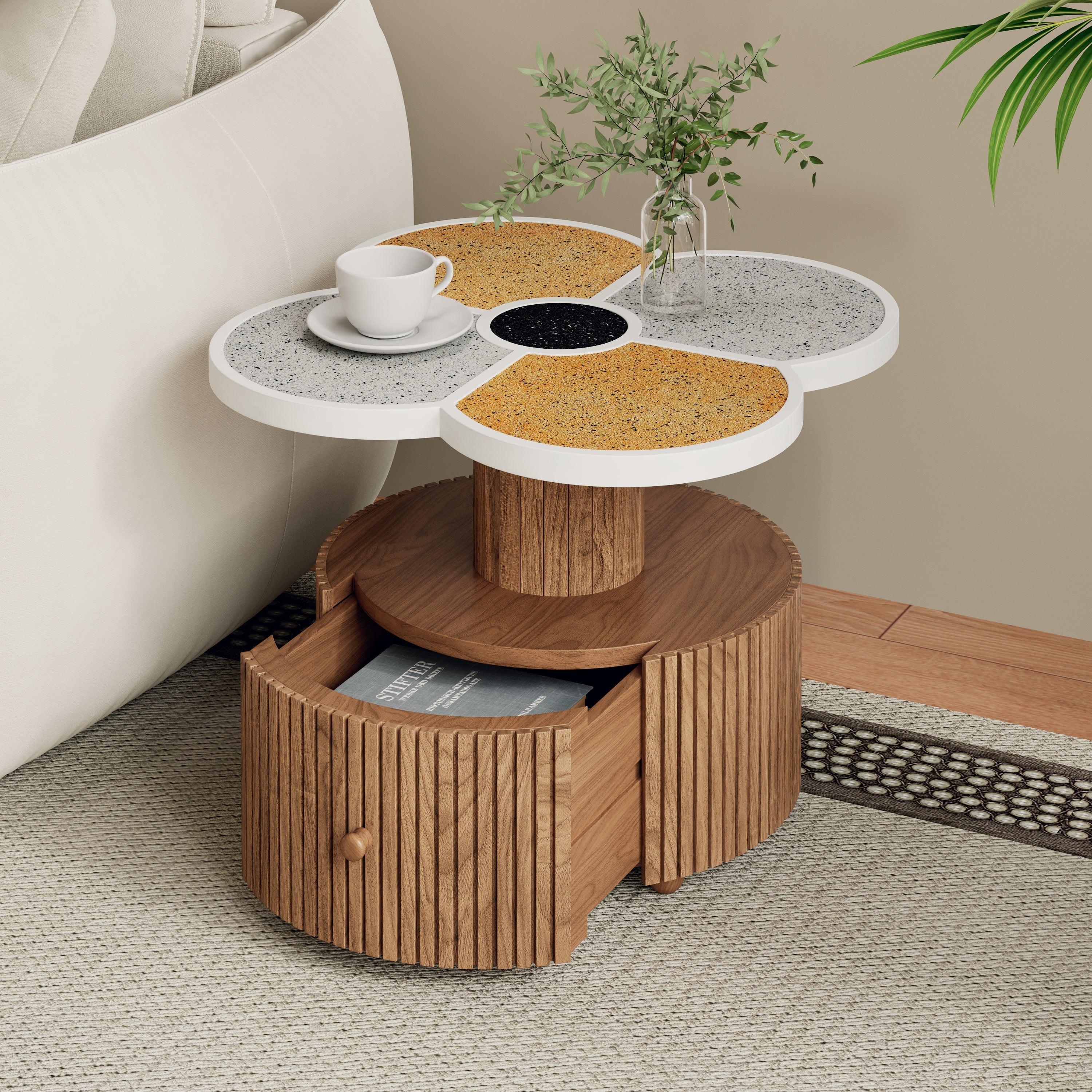 Four-Leaf Clover Side Table, Accent Table with Wood-Grain Base, Storage