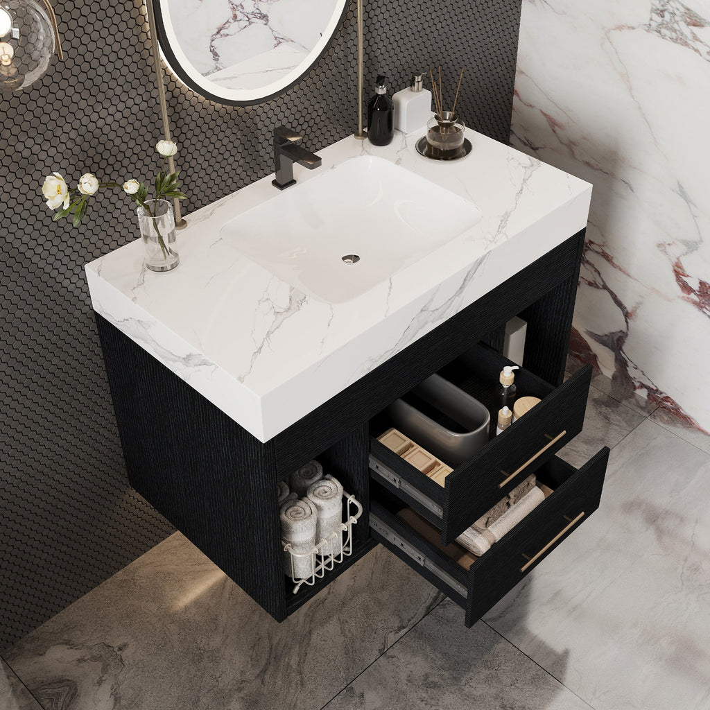 29.9' Modern Floating Bathroom Vanity with Sintered Stone Top Ceramic Undermo...