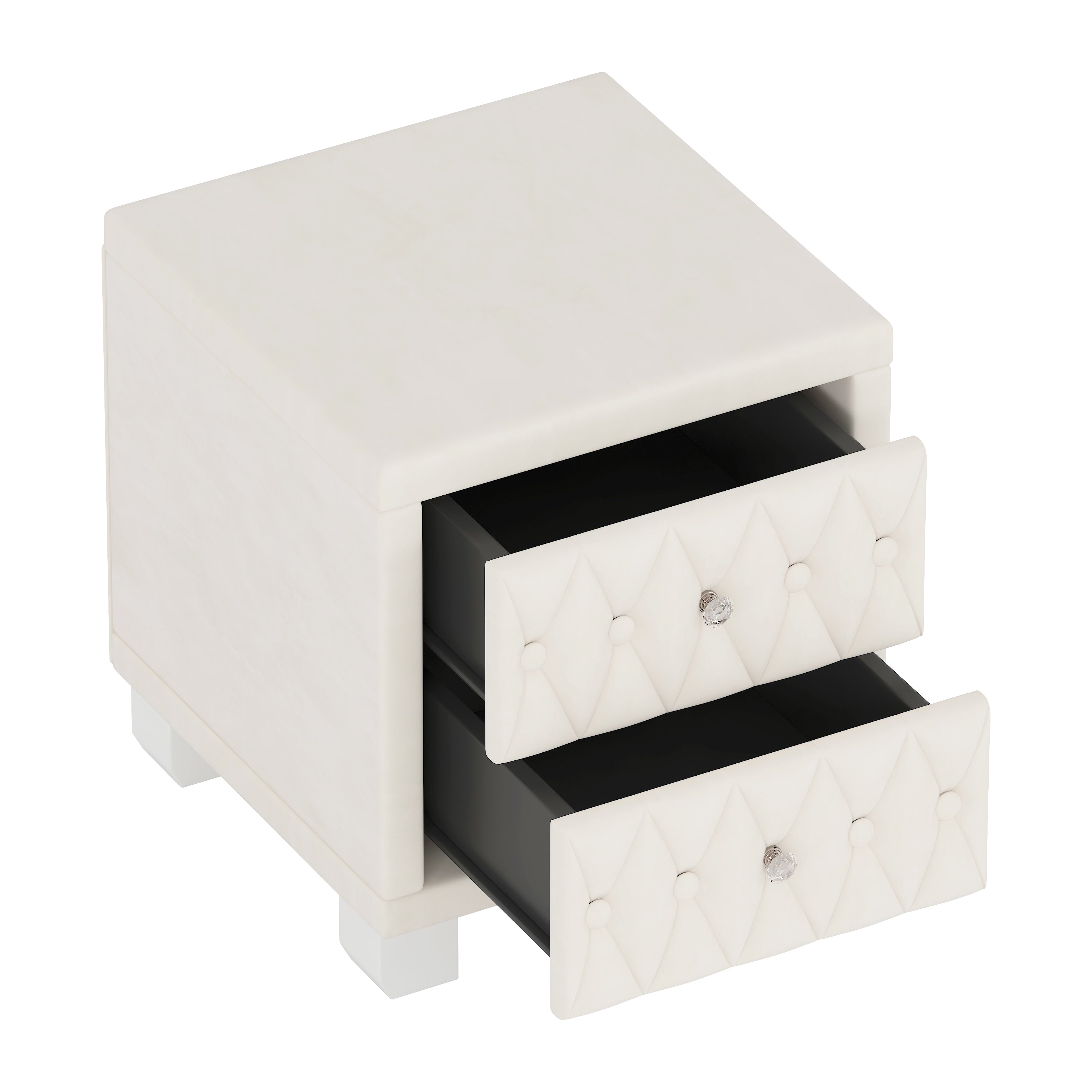 Velvet Nightstand with 2 Drawers, Crystal Handle, Button-Tufted, Beige