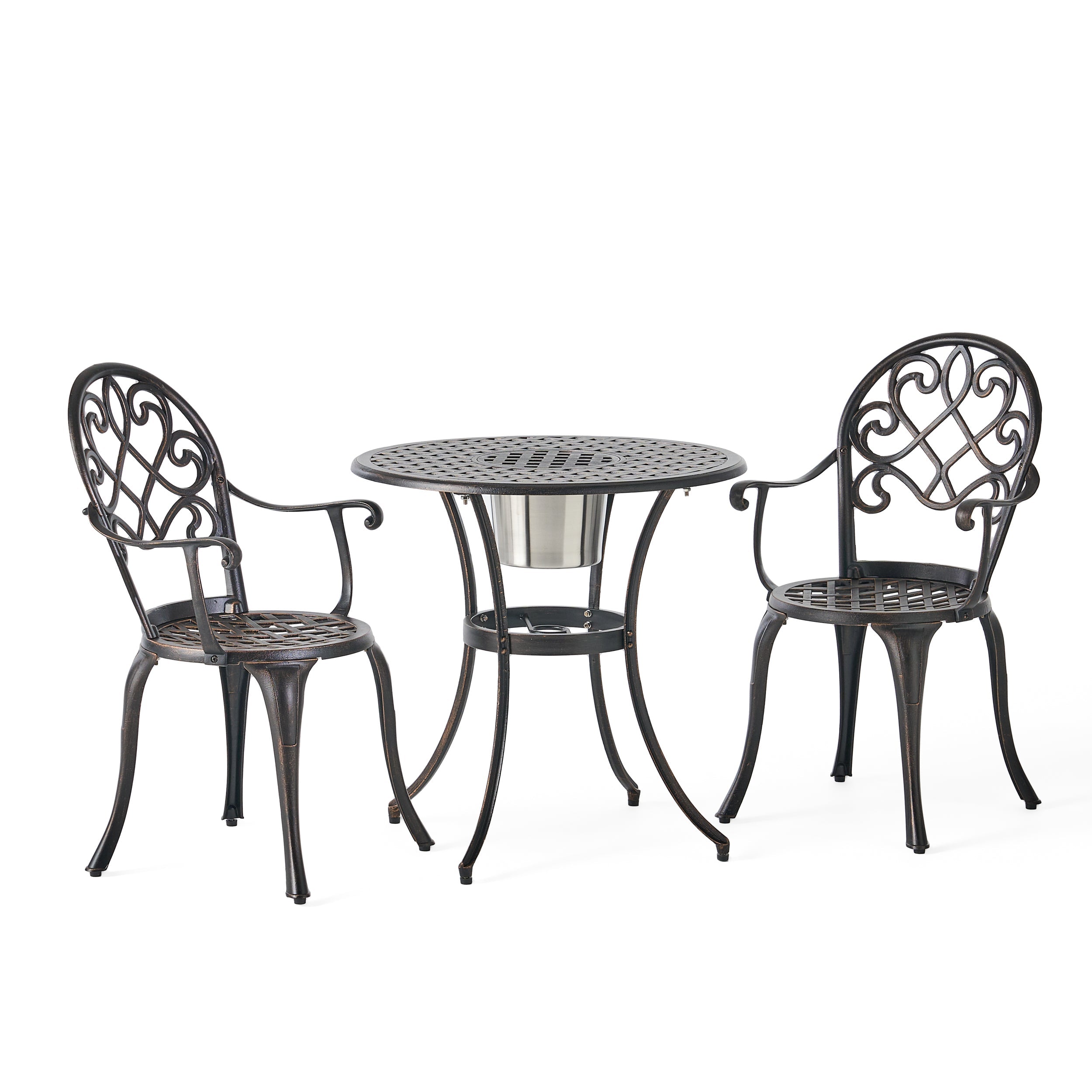 Outdoor Bistro Set Cast Aluminum Copper 3 Piece Ice Bucket Table 2 Chairs