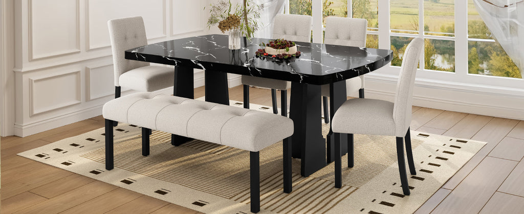 6 Piece Modern Dining Table Set, 63' Faux Marble Dining Table with Geometric