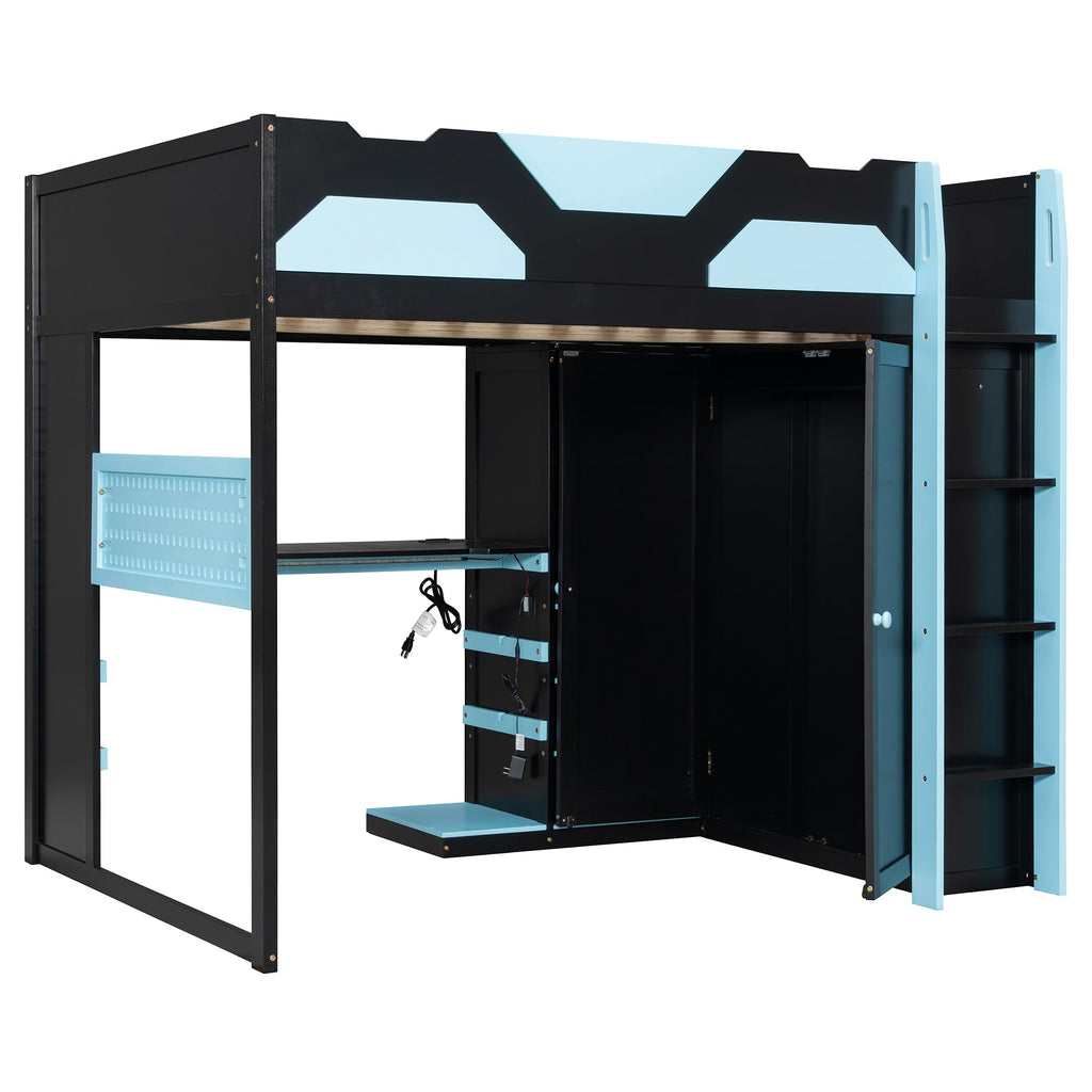 Full Size Wood Loft Bed with Desk, Multi-storage Shelves, USB and RGB Light