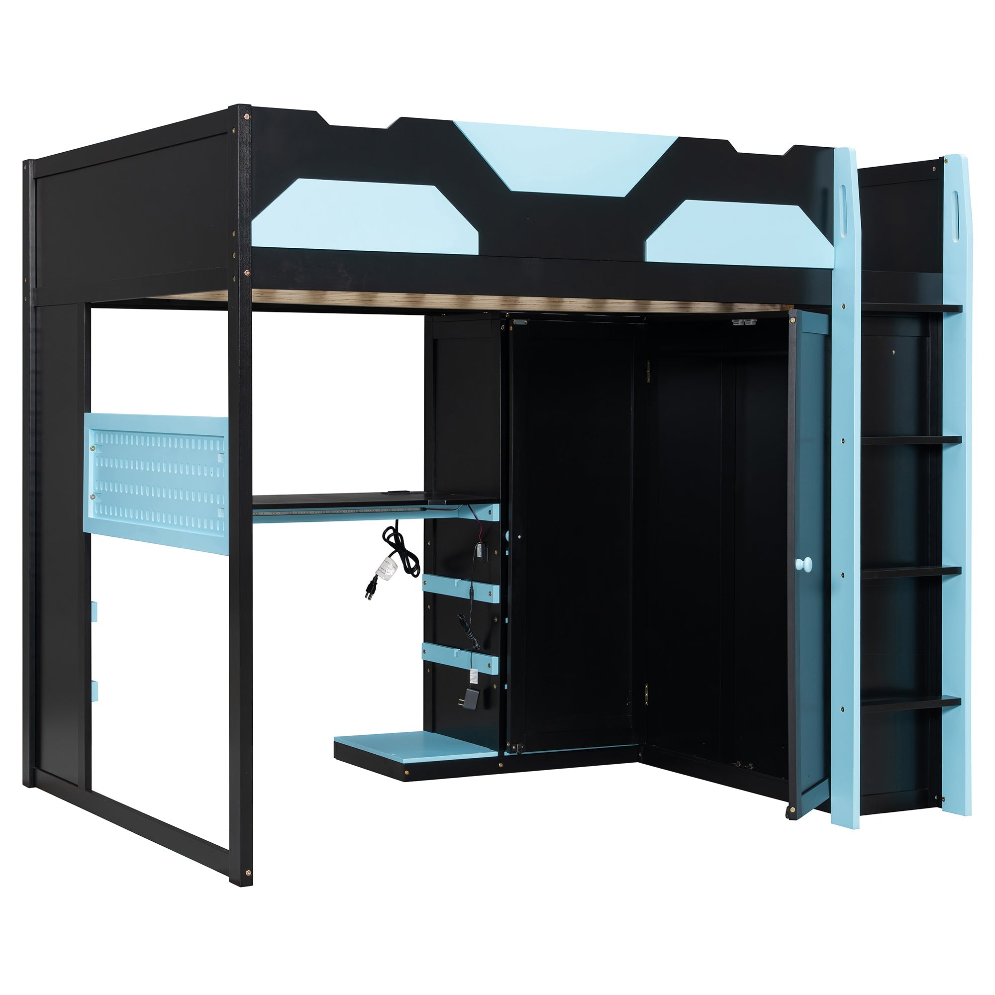Full Size Wood Loft Bed with Desk, Multi-storage Shelves, USB and RGB Light