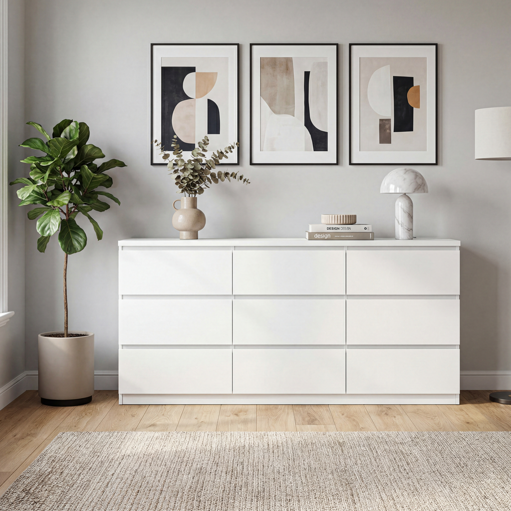Dresser Modern 9-Drawer White Particle Board Handleless 63x15.74x29.5 In
