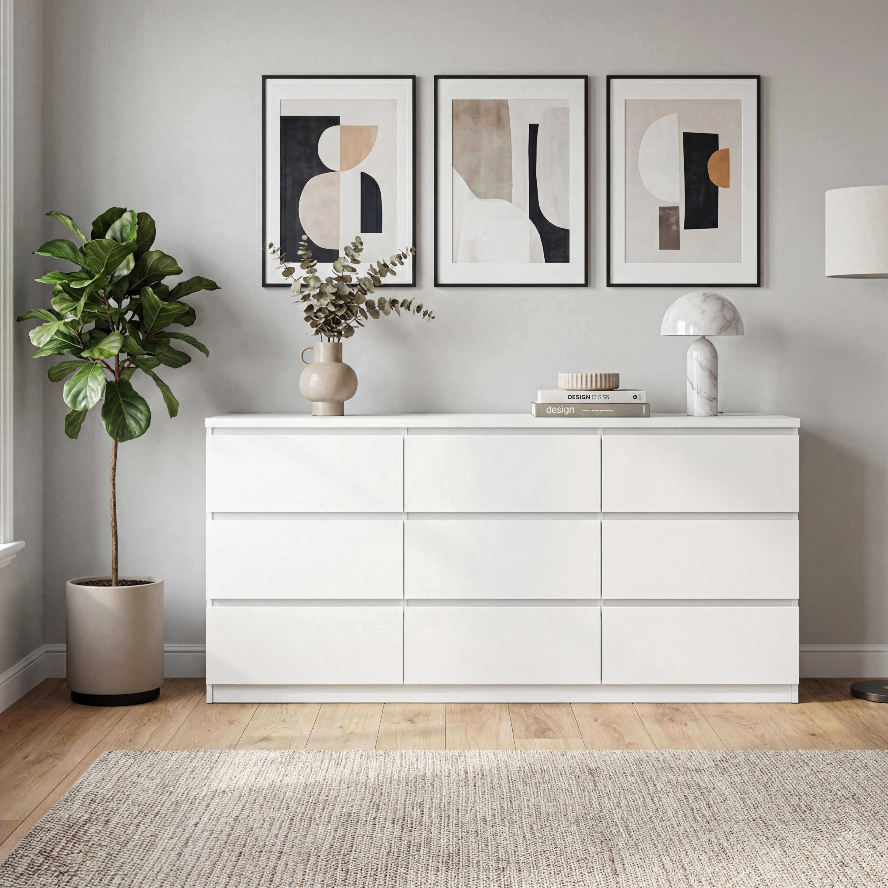 Dresser Modern 9-Drawer White Particle Board Handleless 63x15.74x29.5 In
