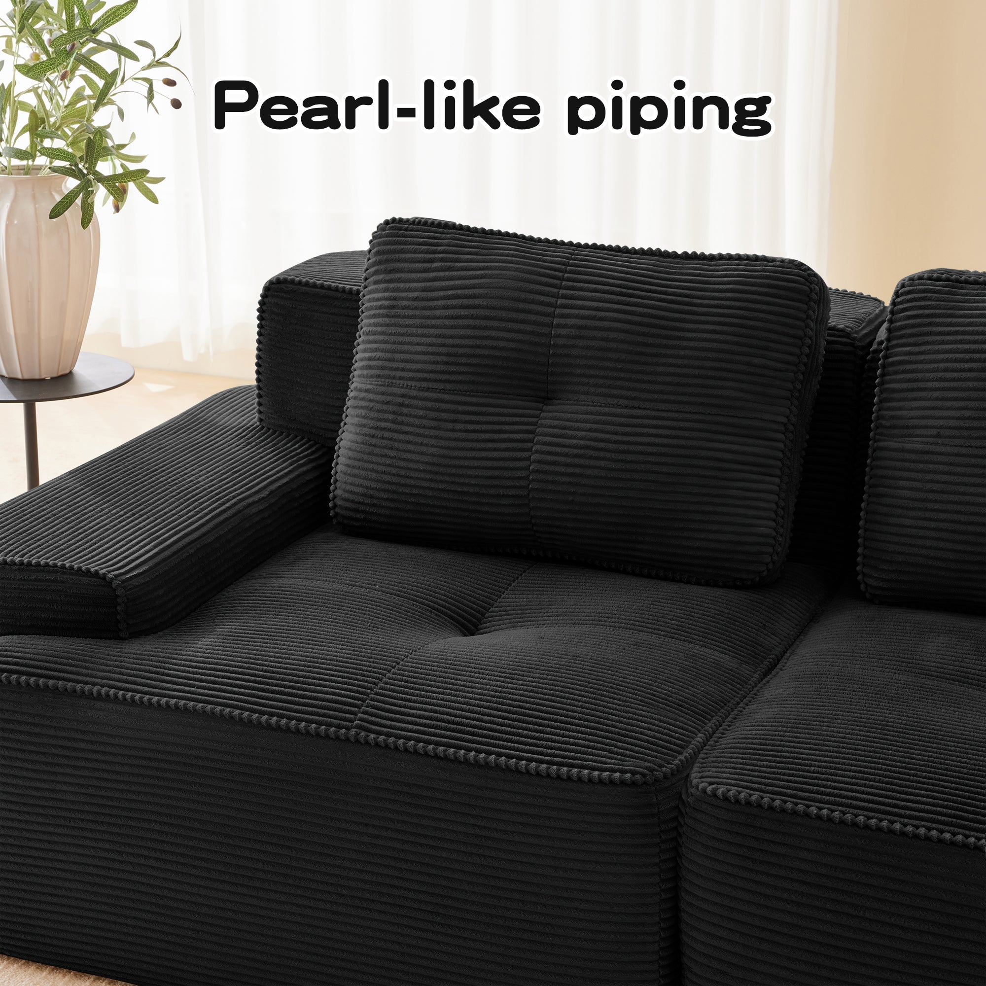 Sectional Sofa Modular Corduroy Black 3 Seat Tufted No Assembly