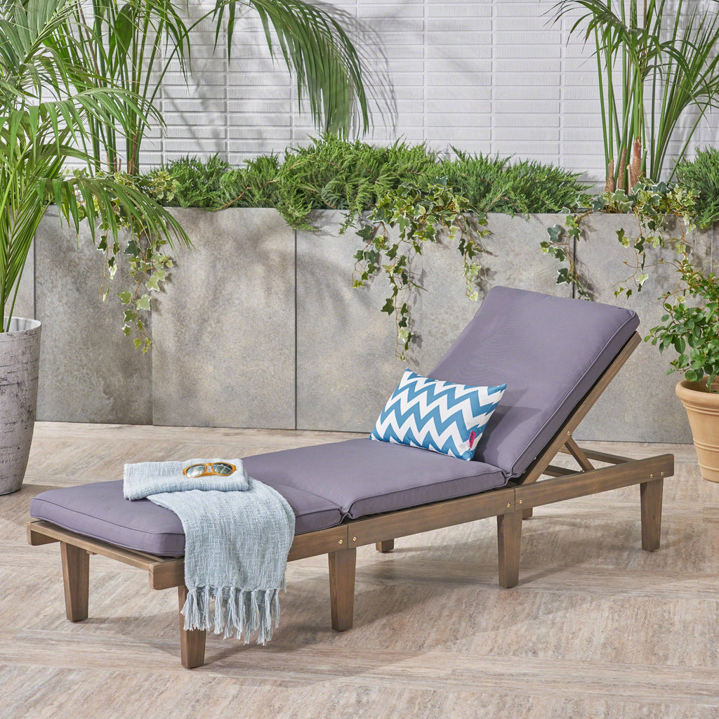 Outdoor Chaise Lounge Acacia Wood Gray Full-Length Cushion 78.75x24x30.5 In