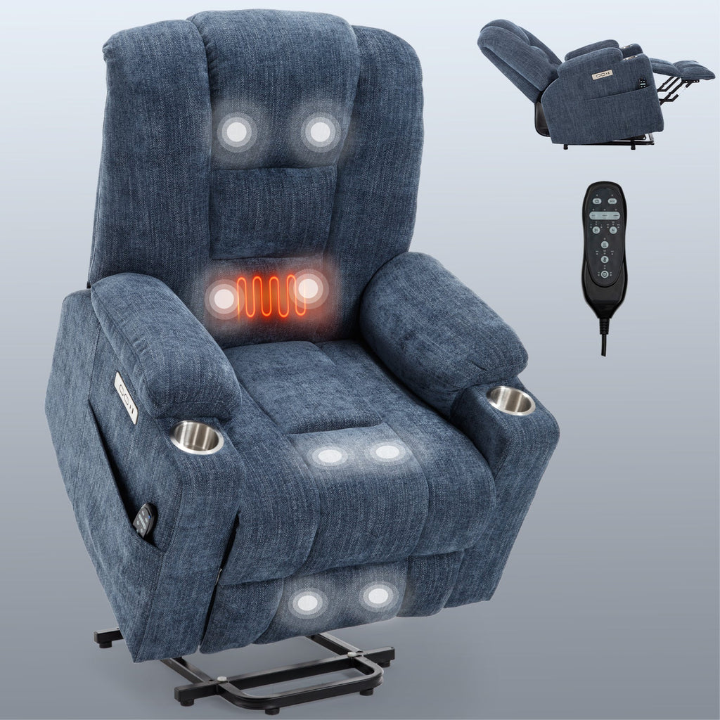 Lift Recliner Chair Power Chenille Blue Heat Massage USB Cup Holders 350 LB
