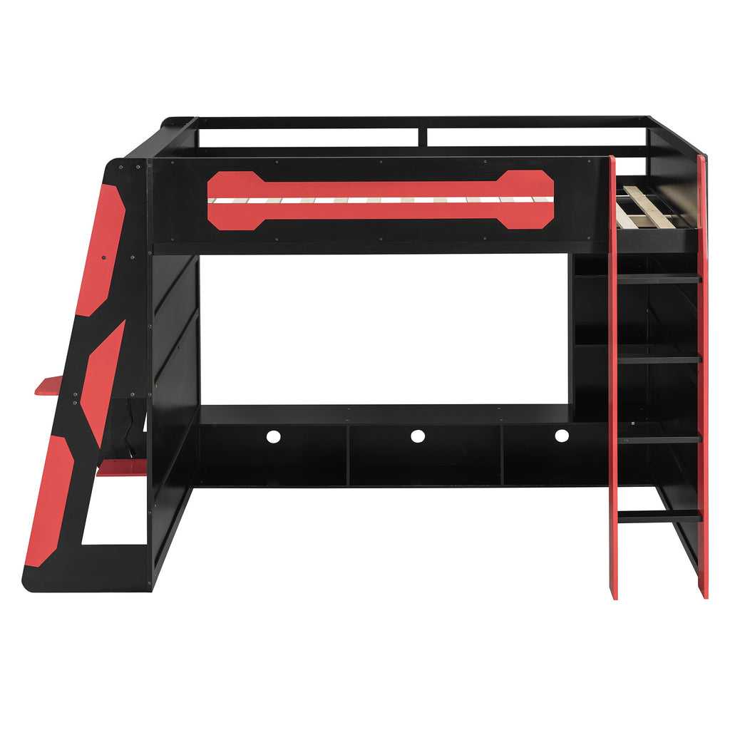 Full Size Wood Loft Bed with Desk, Multi-storage Shelves and RGB Light, Red