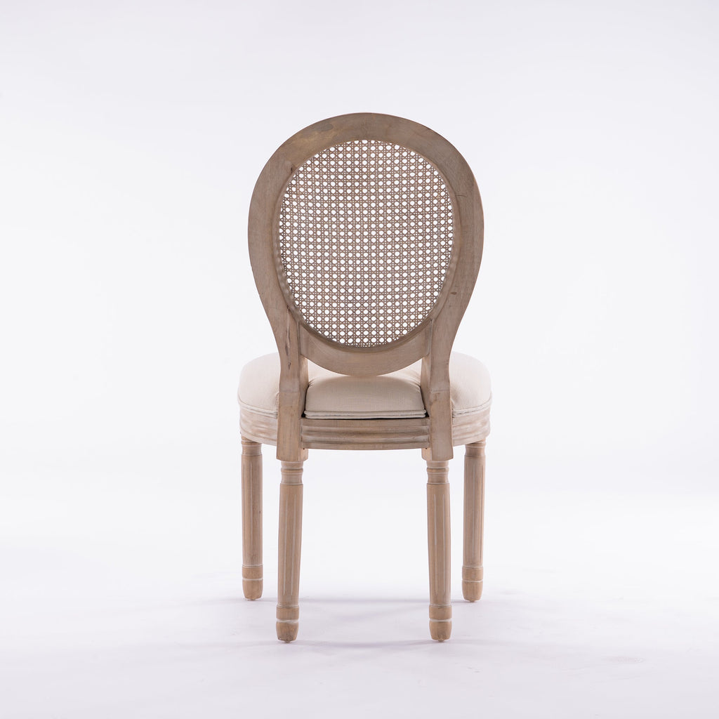French Style Solid Wood Linen Fabric Rattan Back Dining Chair, Set of 2, Beige
