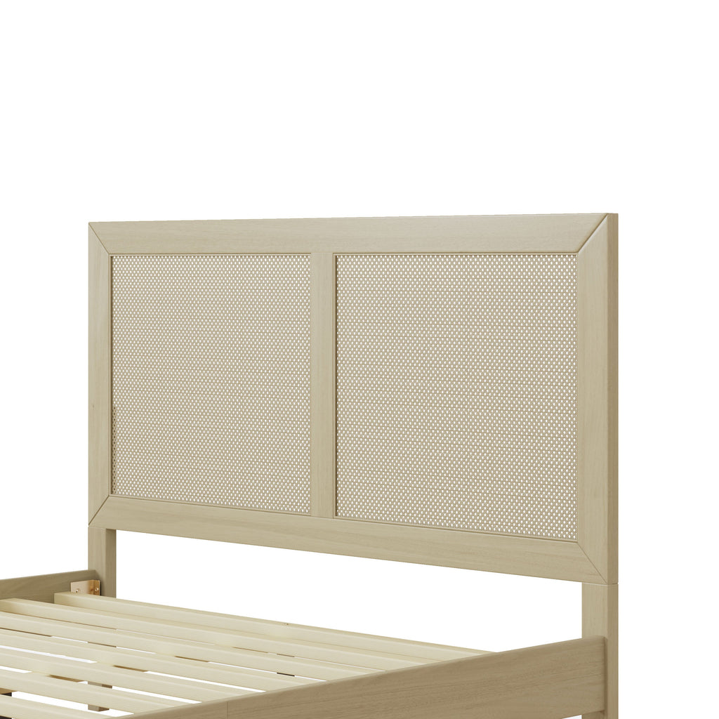 Solid Wood Platform Queen Bed With Rattan
