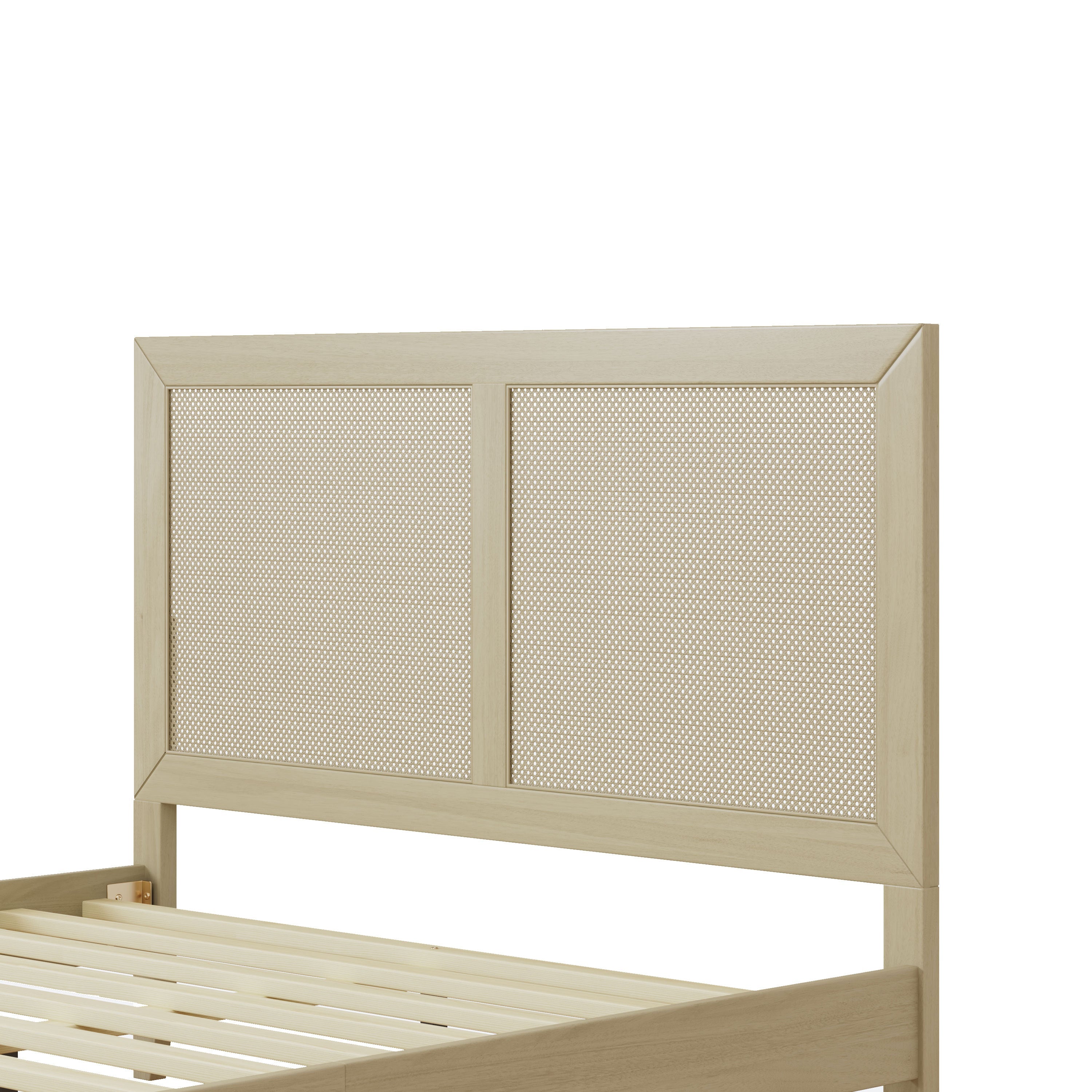 Solid Wood Platform Queen Bed With Rattan