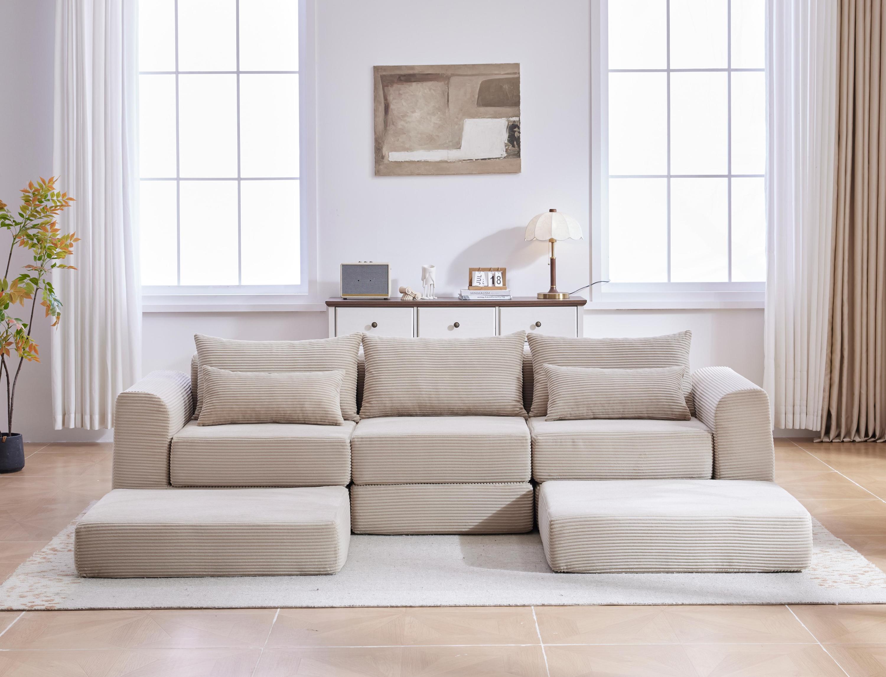 Sectional Sofa L-Shape Fabric Camel 4 Seat 100 In 5 Pillows No Assembly