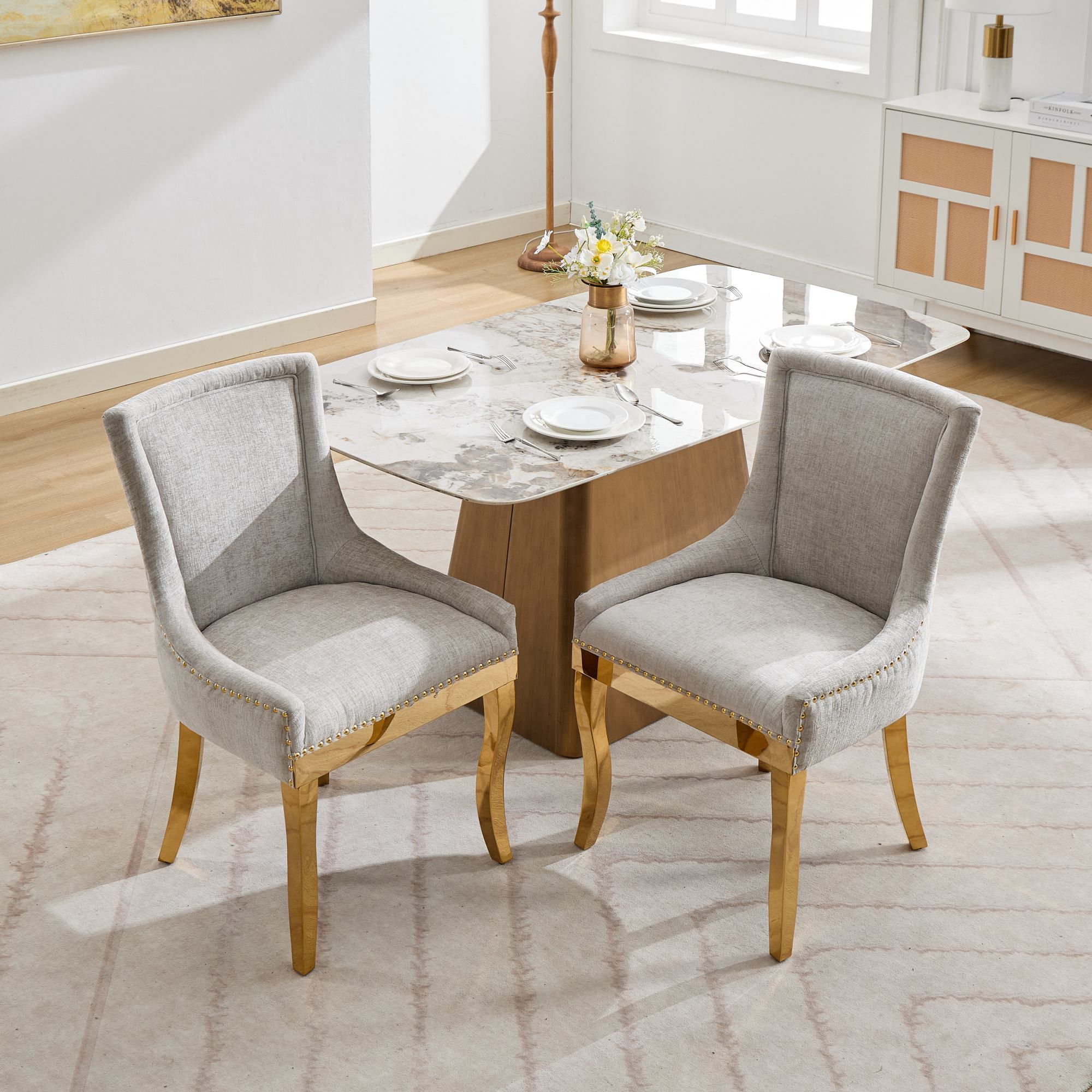 Chenille Dining Chairs, Modern Style with Curved Gold - Plated Legs & Rivet