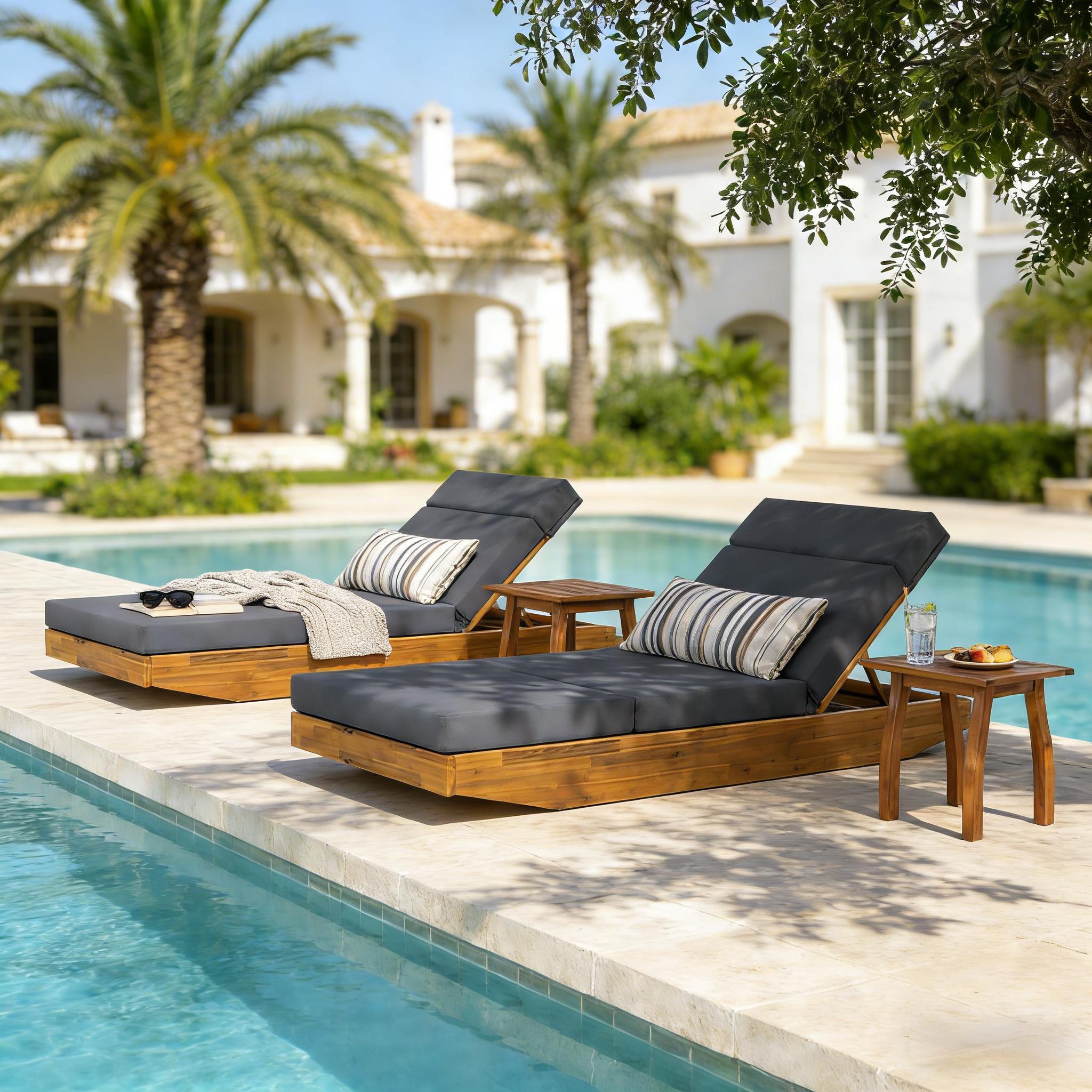 Outdoor Chaise Lounge Acacia Wood Teak Dark Gray Cushion Foldable 300 LB