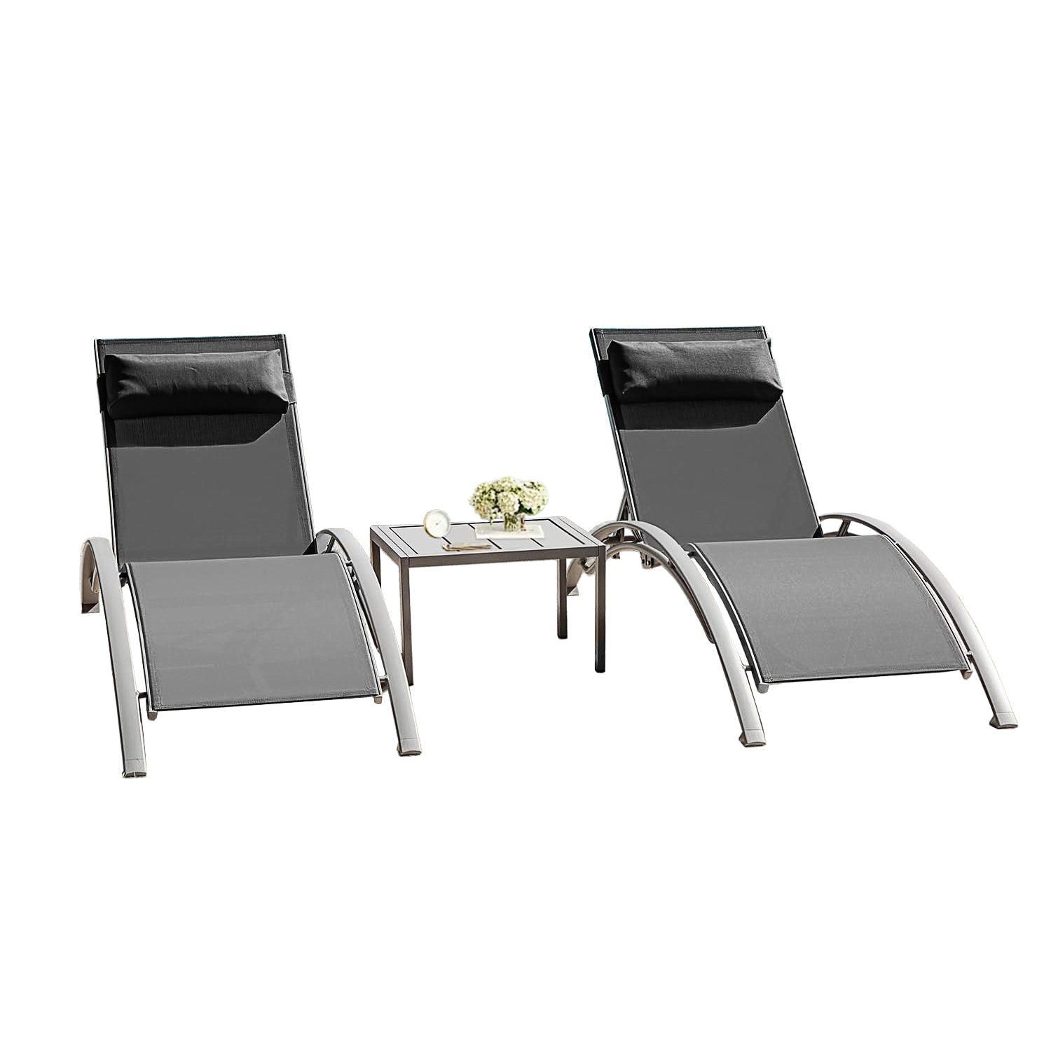 Outdoor Chaise Lounge Aluminum Textilene Dark Gray Set of 3 5-Position 350 LB