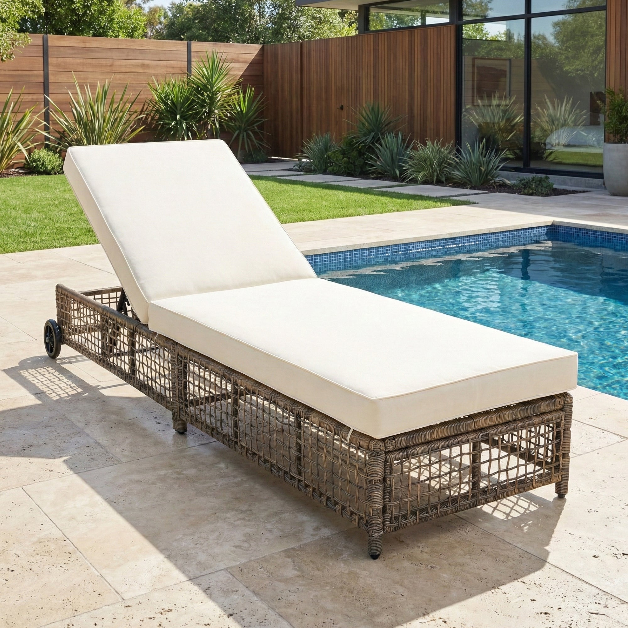 Outdoor Lounge Chair with 5-Position Backrest, Rattan Chaise Lounge in Beige