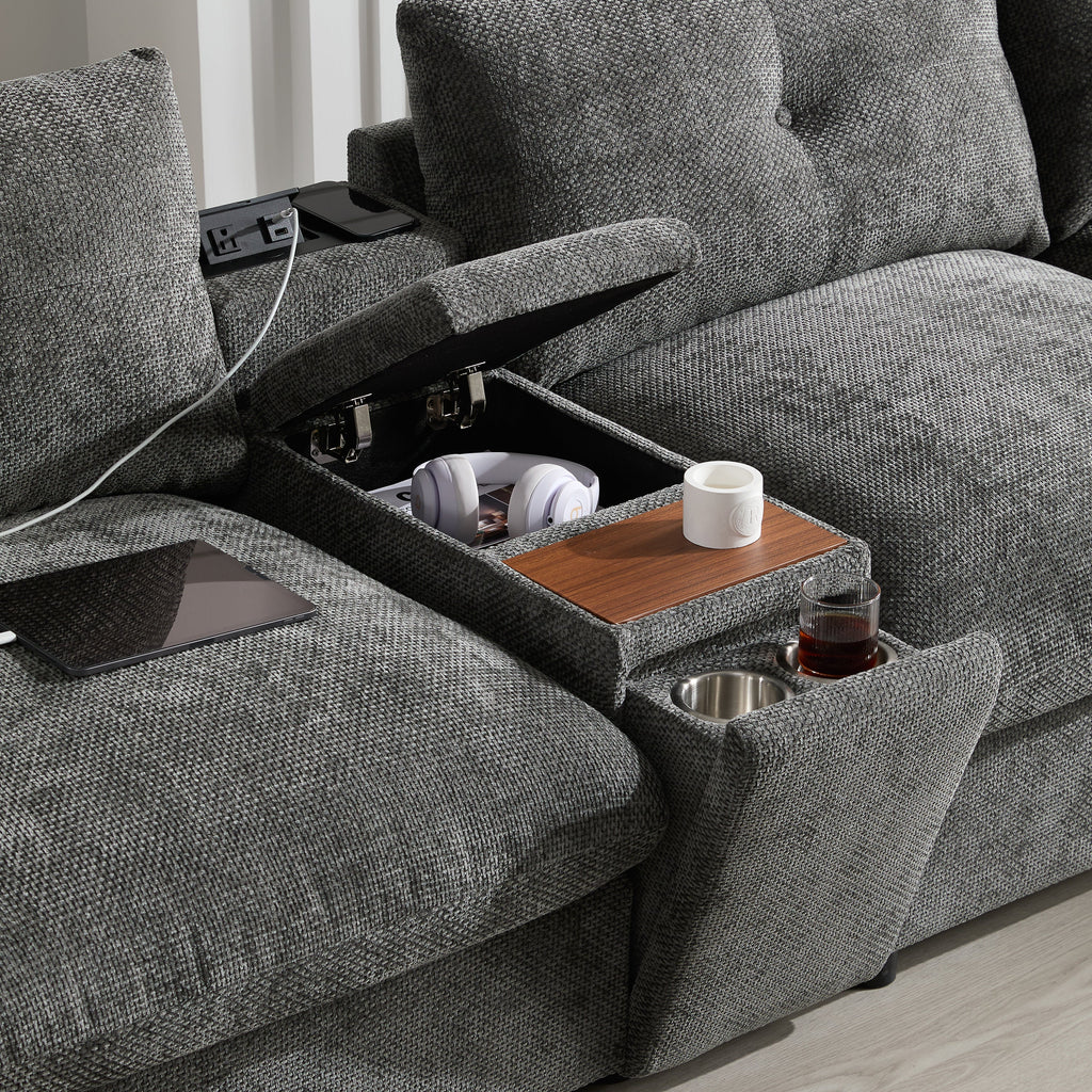 Sectional Sofa U-Shape Chenille Gray 6 Seat USB Console 136 In