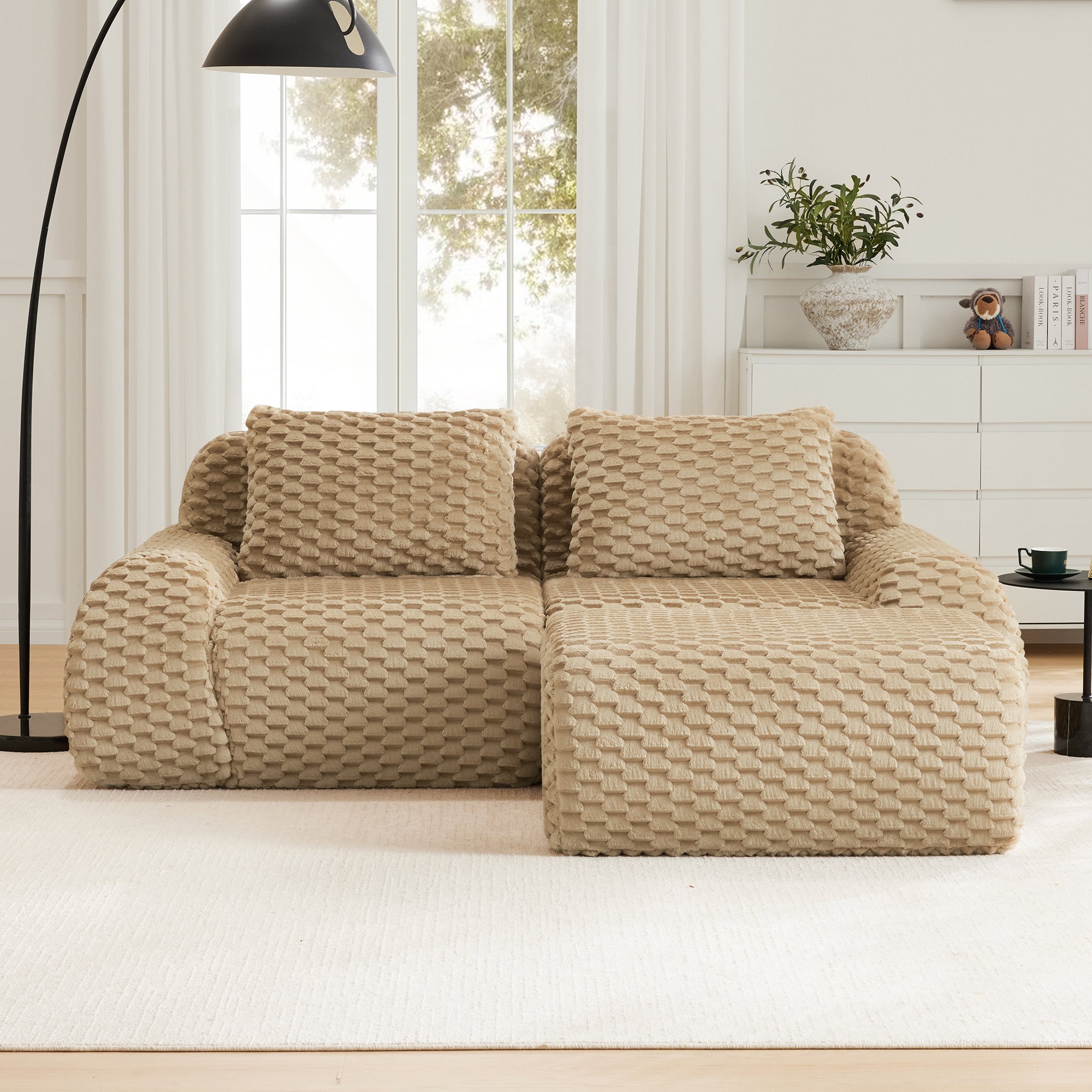 Sectional Sofa L-Shape Modular Flannelette Light Camel 2 Seat 82 In