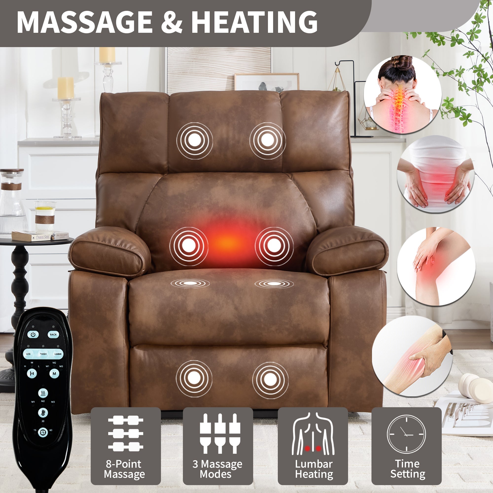 Lift Recliner Chair Power Faux Leather Brown Dual Motor Heat Massage 350 LB