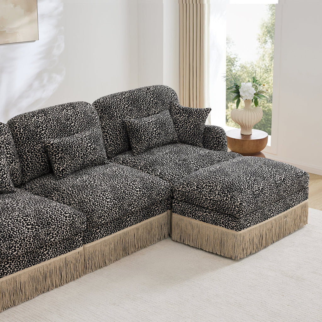 Sectional Sofa Modular Chenille Leopard Print Khaki 4 Seat Deep Seat