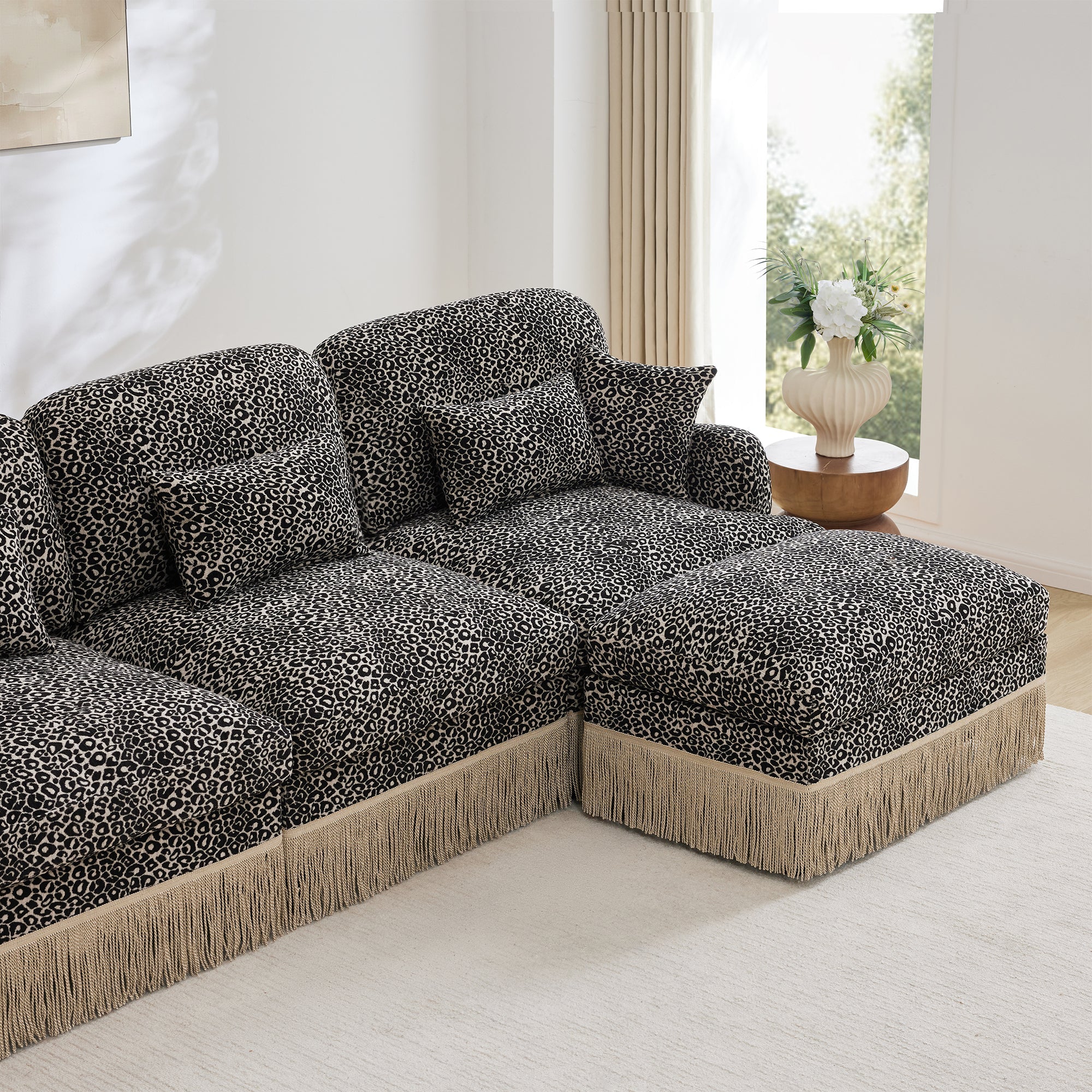 Sectional Sofa Modular Chenille Leopard Print Khaki 4 Seat Deep Seat