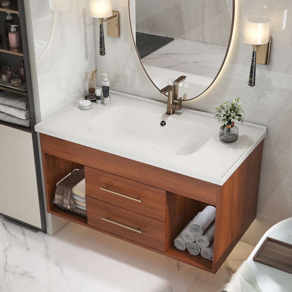 35.4' Mid-Century Floating Bathroom Vanity with Ceramic Undermount Sink