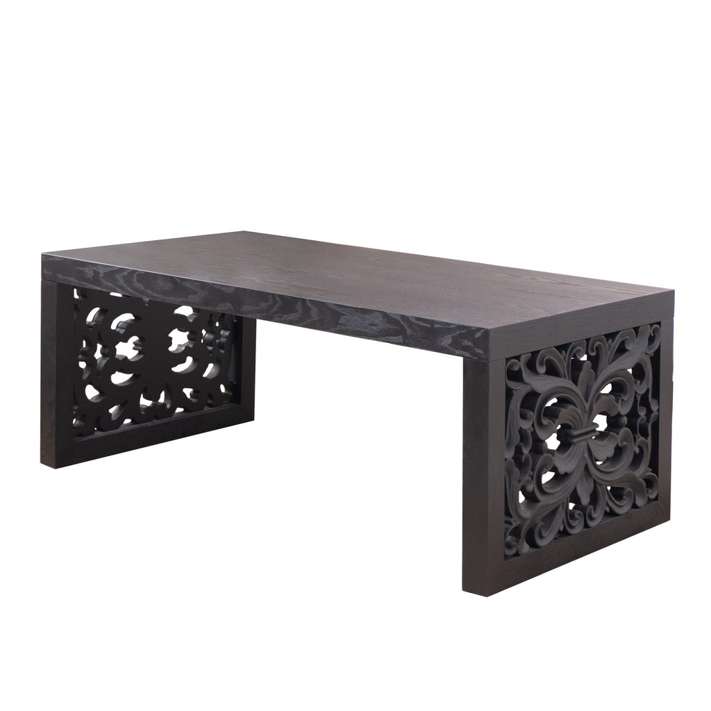 47.2 in Solid Black Carved Wood Coffee Table, Handcrafted Ornate Side Panels