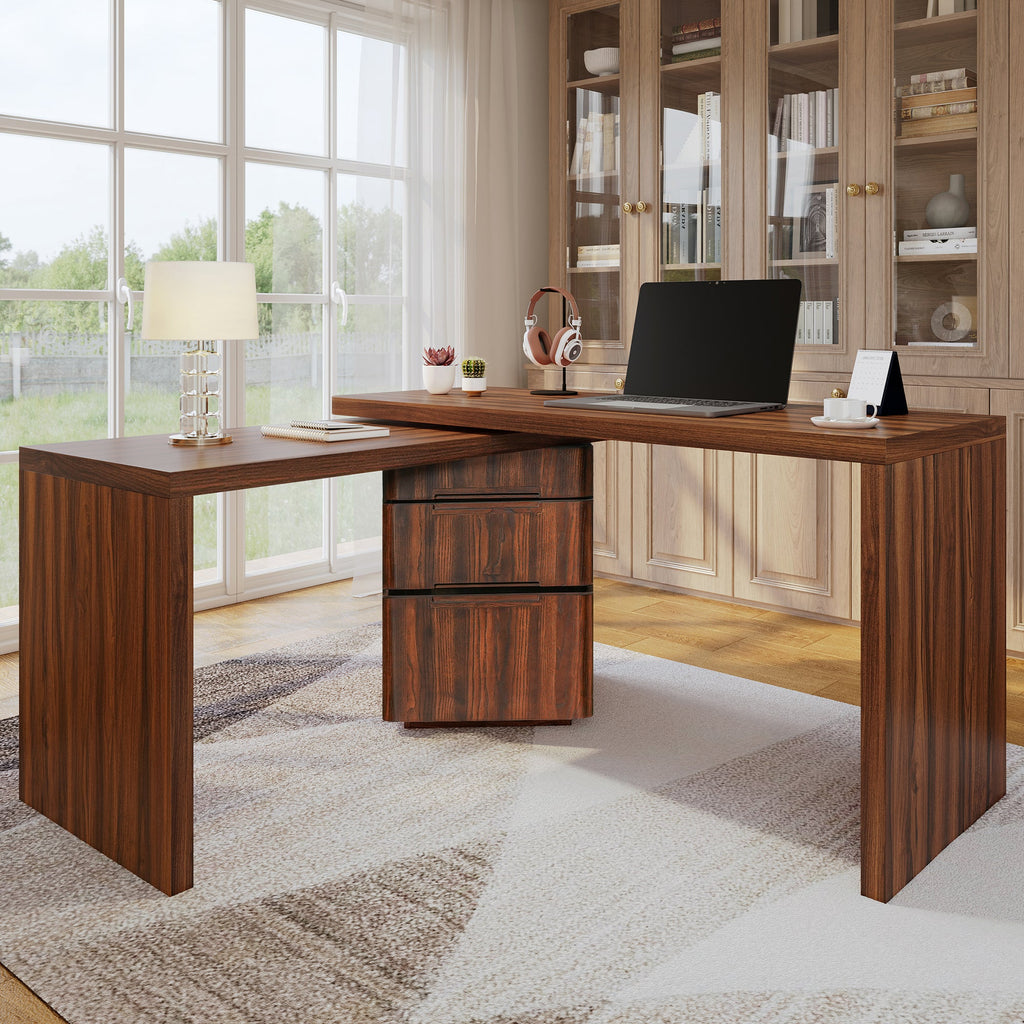 90' Modern L Shaped Desk in Walnut with 3 Drawers,360deg Wood Rotating Desk,Exe...