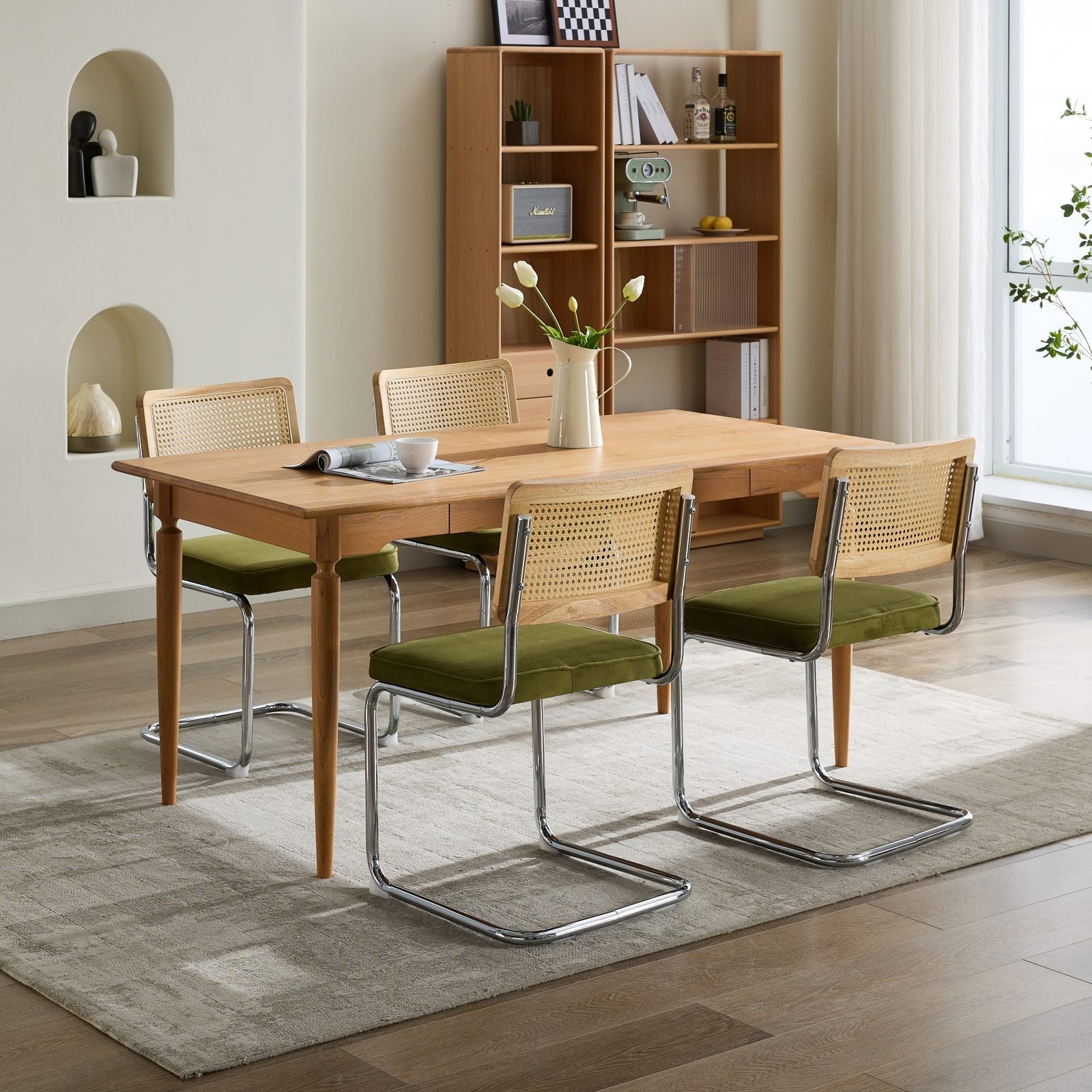 Mid Century Modern Dining Chairs Set of 2, Velvet Accent Chairs with Natural