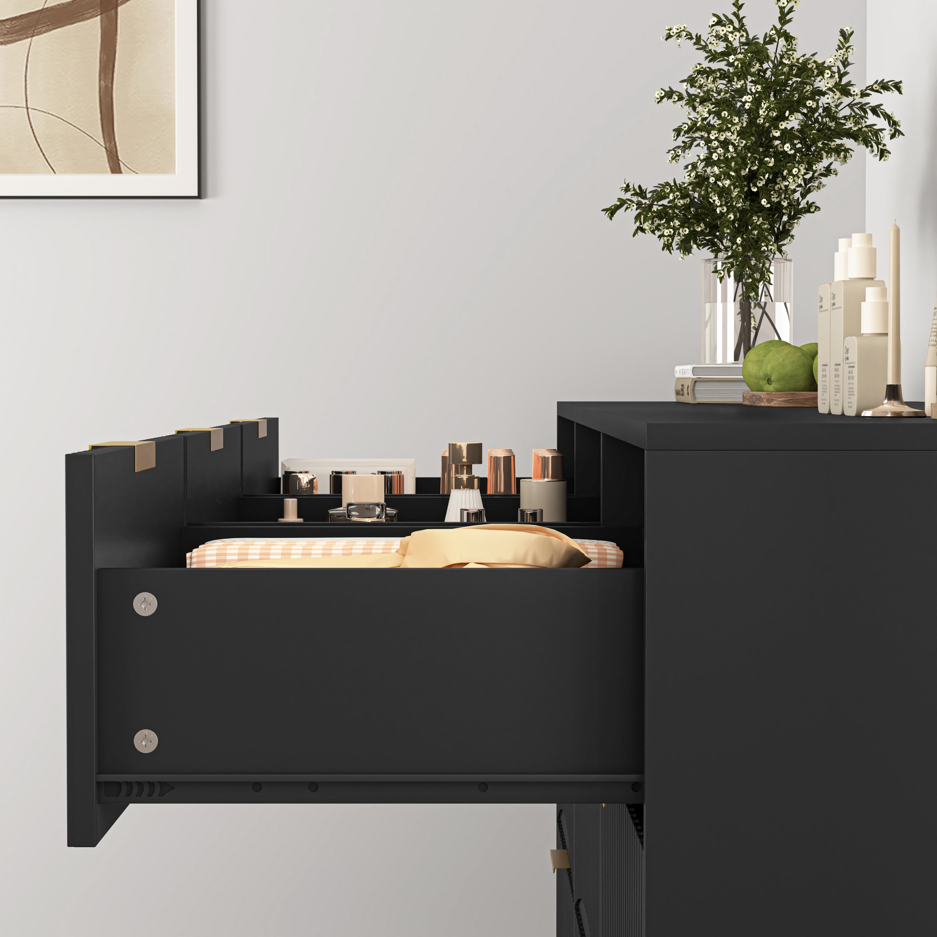 Dresser Classic 9-Drawer Black Particle Board Gold Handles 63x15.74 In
