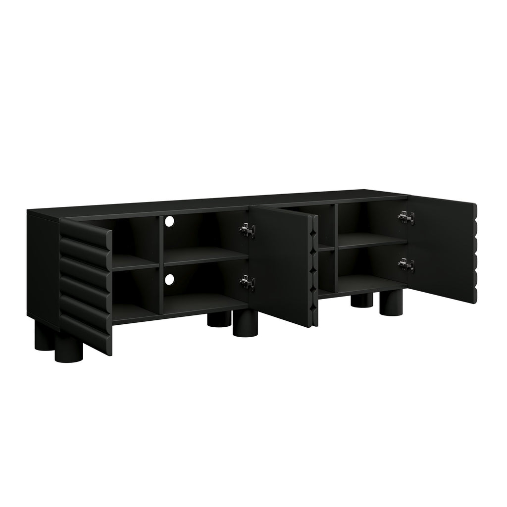 TV Stand Wavy Door Black MDF 4-Cabinet Cylindrical Legs Fits 70 In TV