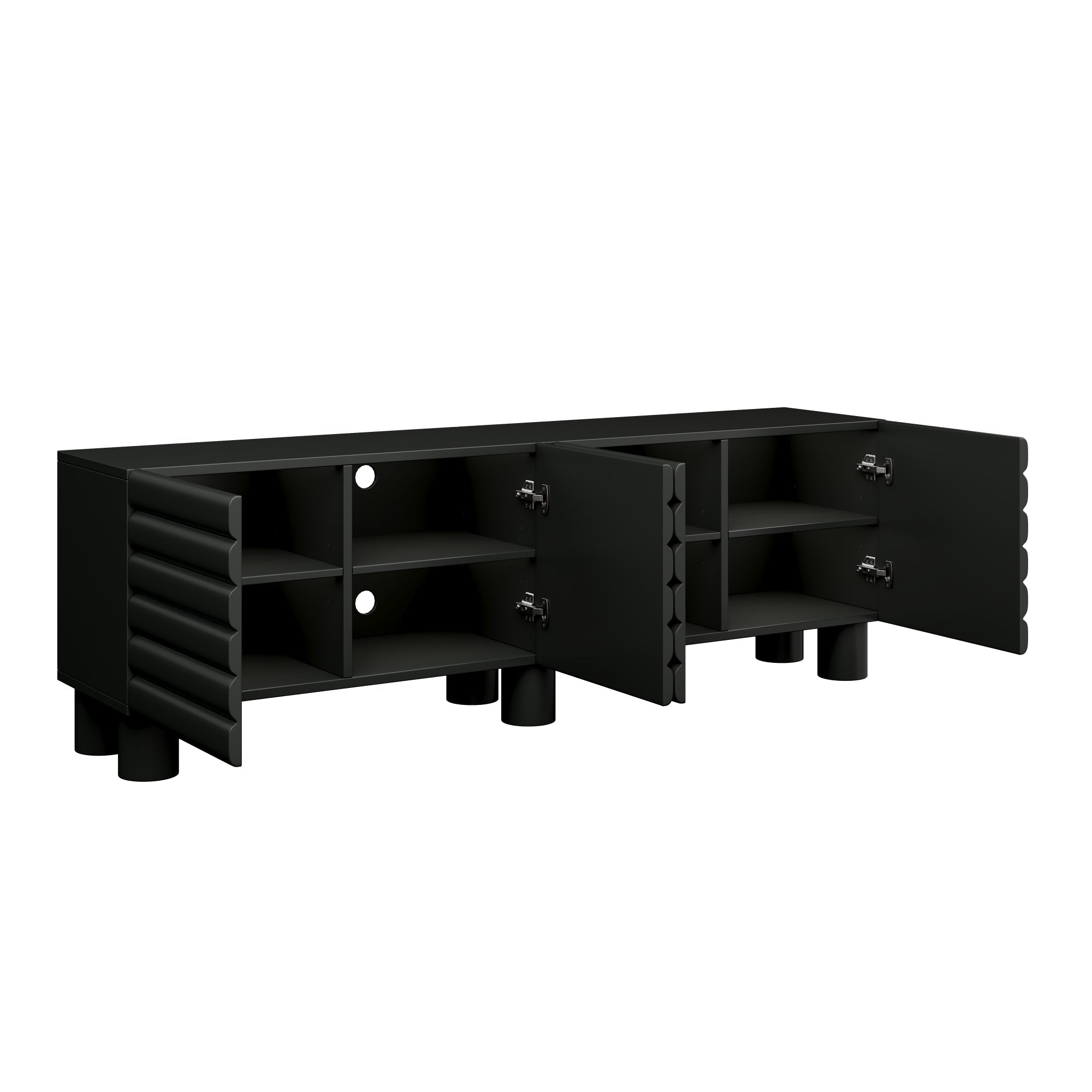 TV Stand Wavy Door Black MDF 4-Cabinet Cylindrical Legs Fits 70 In TV