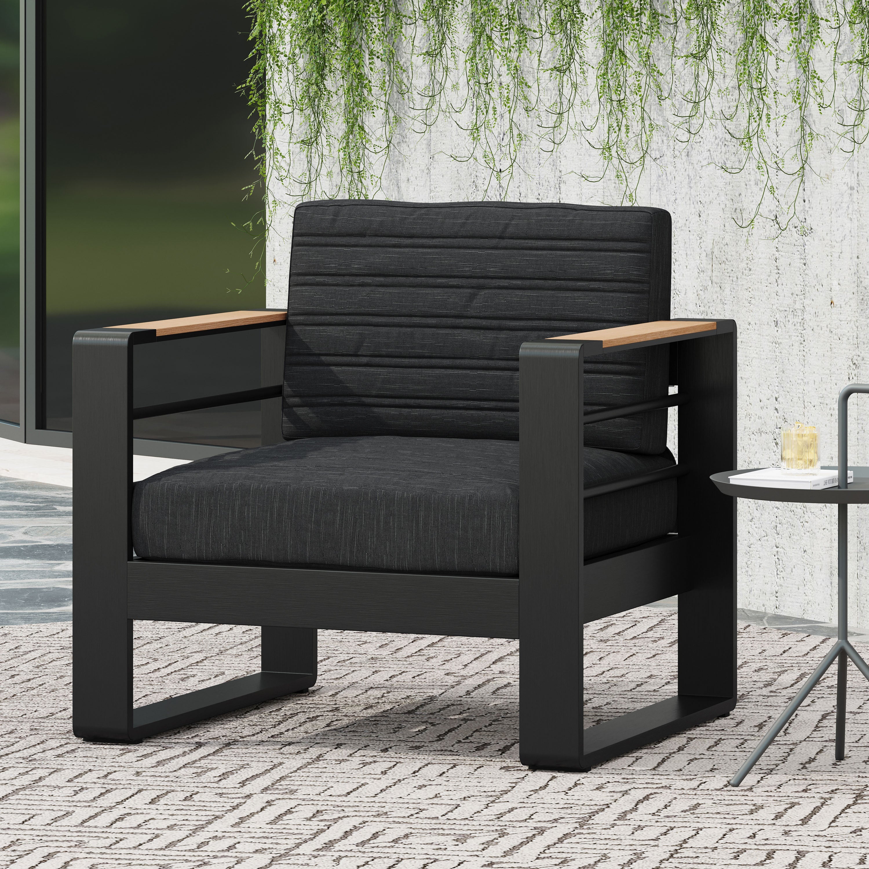 Outdoor Club Chair Aluminum Black Slat Design Water-Resistant 32x27.5x24.75 In