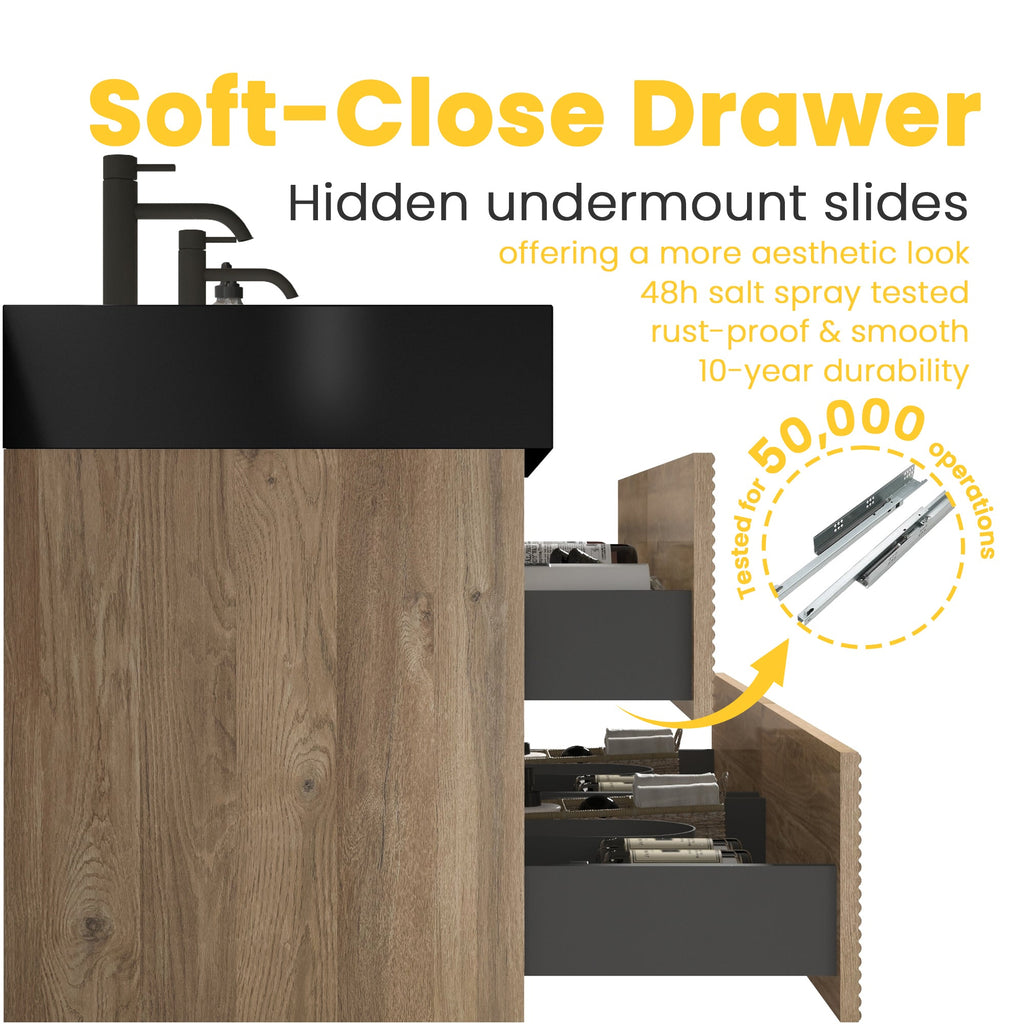 72''(36Inch*2) Bathroom Vanity with Matt Black Engineered Quartz Sink and Rou...