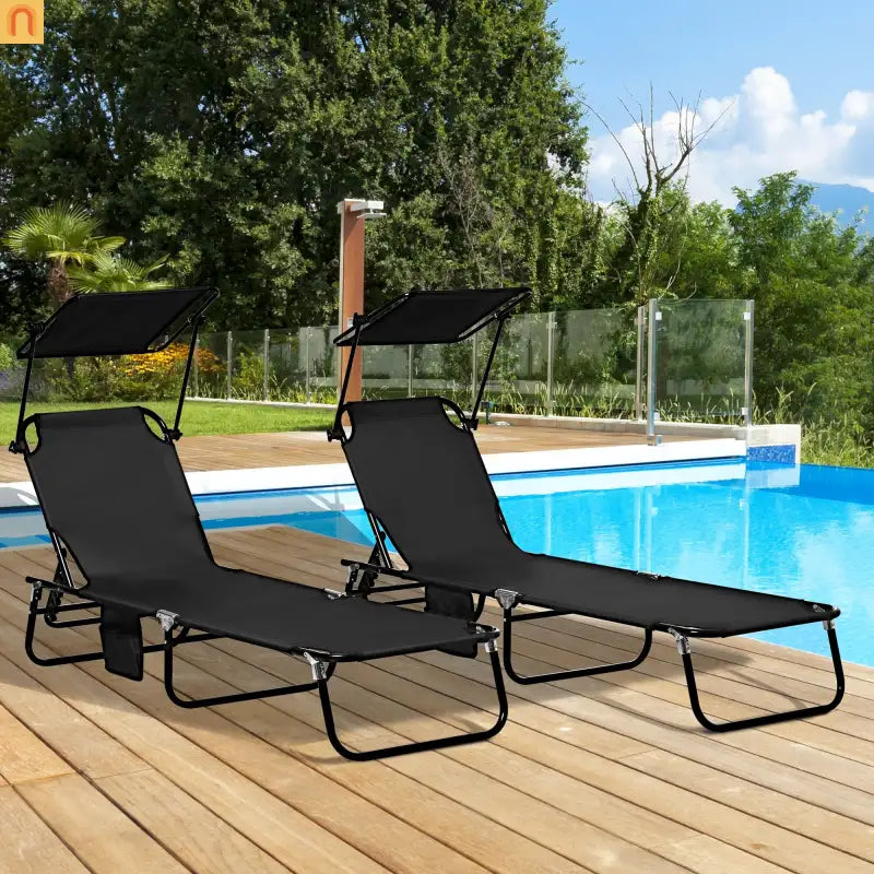 Chaise Lounge Steel Black Folding Canopy Shade 5 Position 265 lb Set of 2