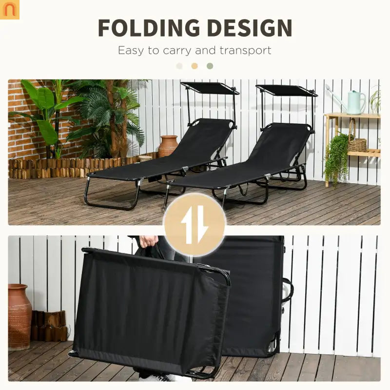 Chaise Lounge Steel Black Folding Canopy Shade 5 Position 265 lb Set of 2