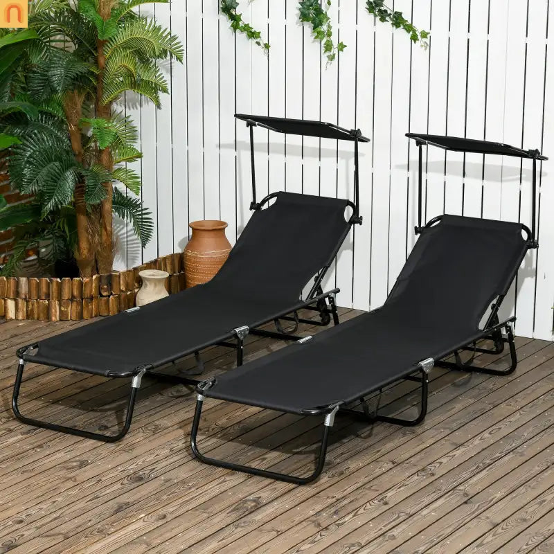 Chaise Lounge Steel Black Folding Canopy Shade 5 Position 265 lb Set of 2