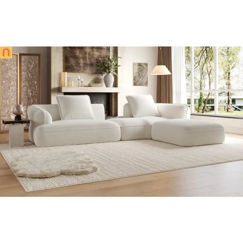 Sectional Sofa L-Shape Deep Seat Polyester Beige 4 Seat 121 In