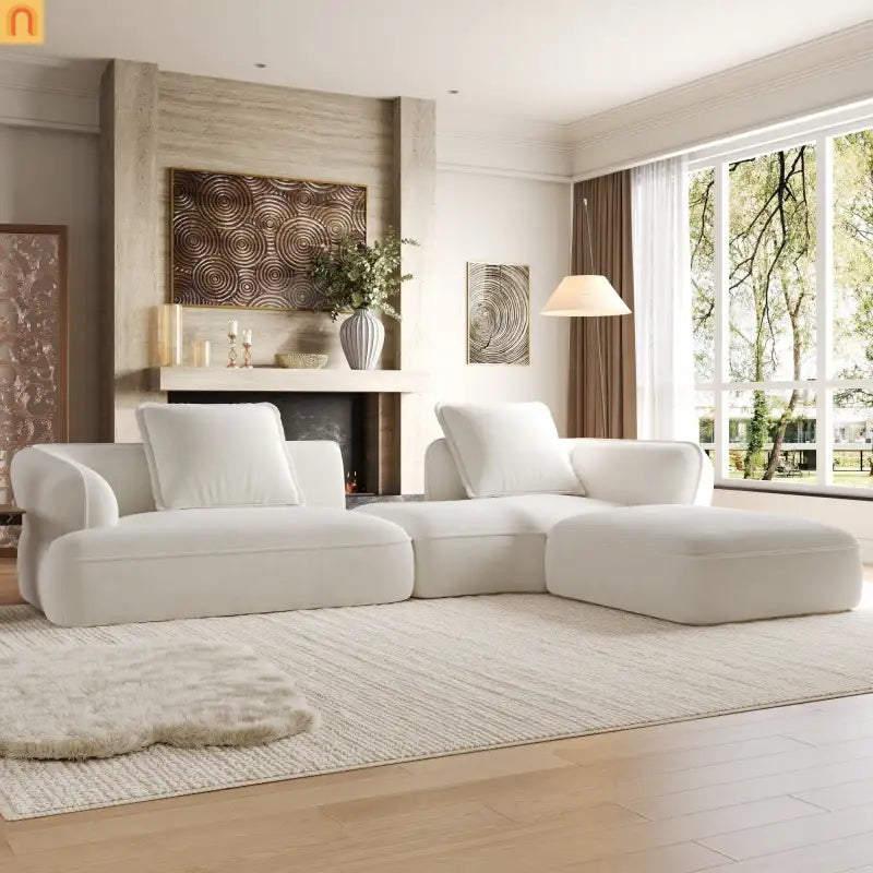 Sectional Sofa L-Shape Deep Seat Polyester Beige 4 Seat 121 In