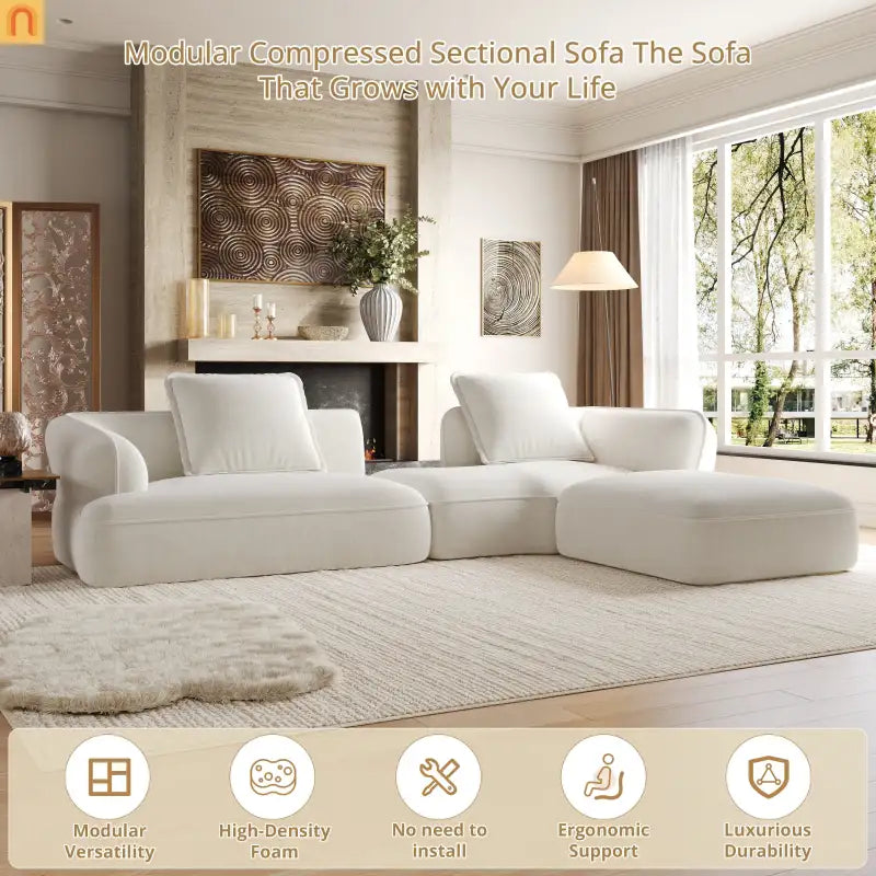 Sectional Sofa L-Shape Deep Seat Polyester Beige 4 Seat 121 In