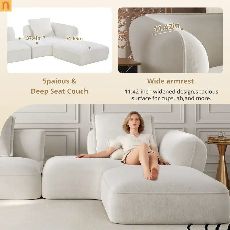 Sectional Sofa L-Shape Deep Seat Polyester Beige 4 Seat 121 In
