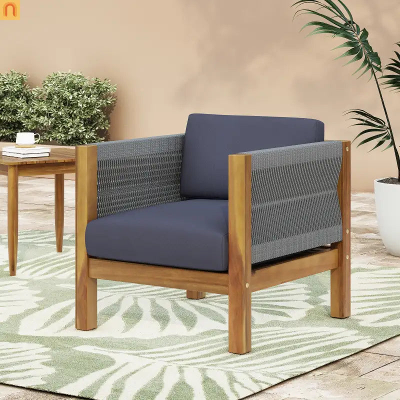 Outdoor Club Chair Set Acacia Wood Rope Teak Cushions Set of 2