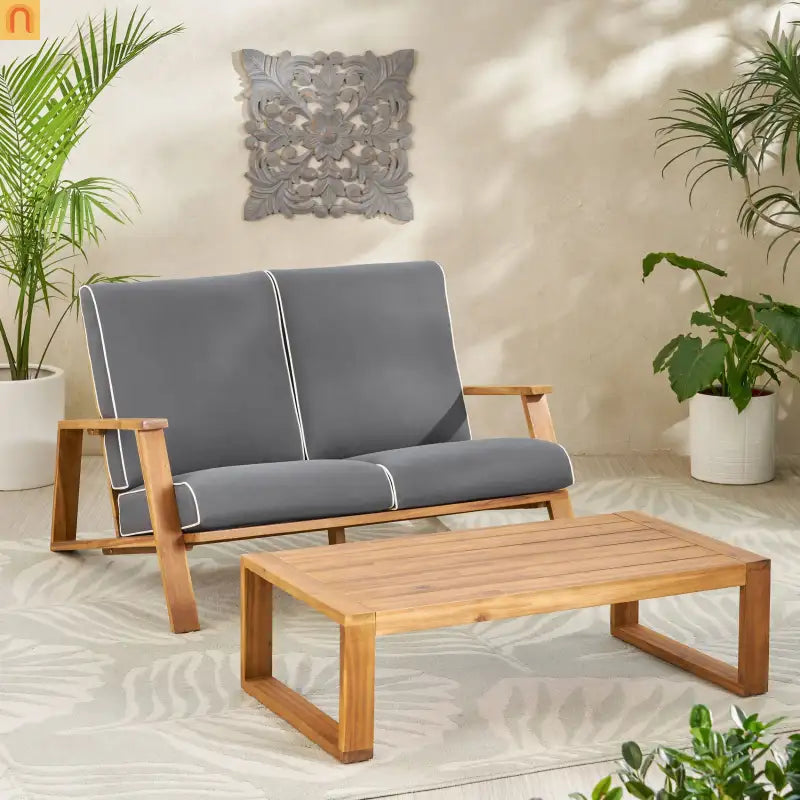 Outdoor Loveseat Set Acacia Wood Gray Adirondack