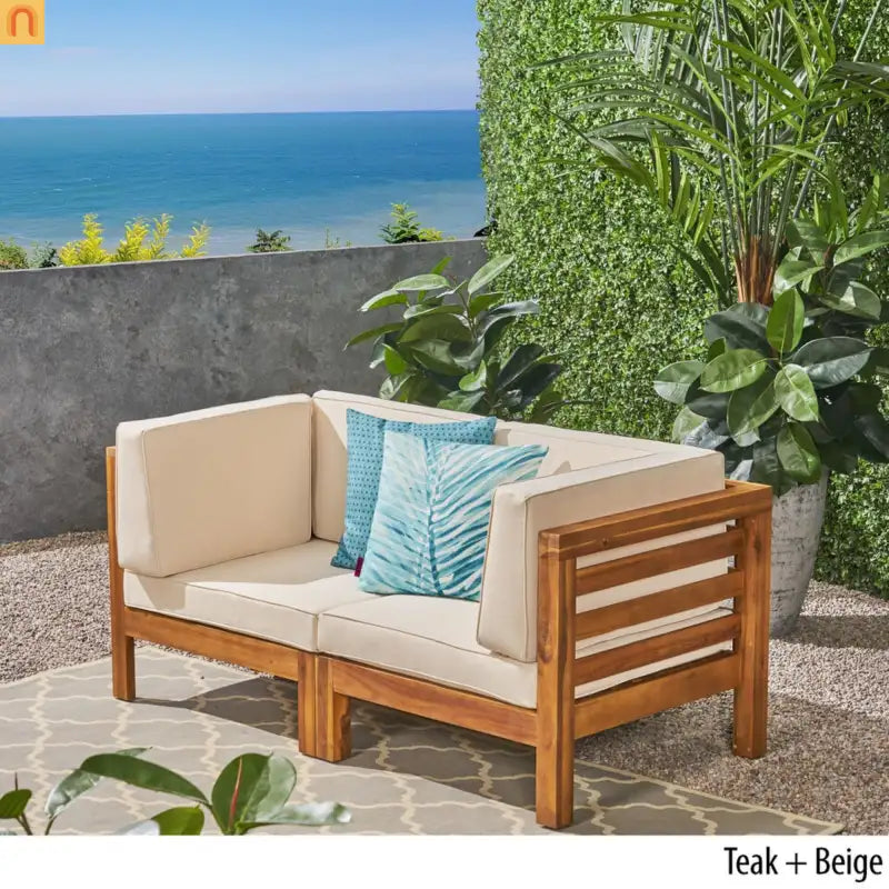Outdoor Loveseat Set Acacia Wood Beige Cushion 2 Piece Modular