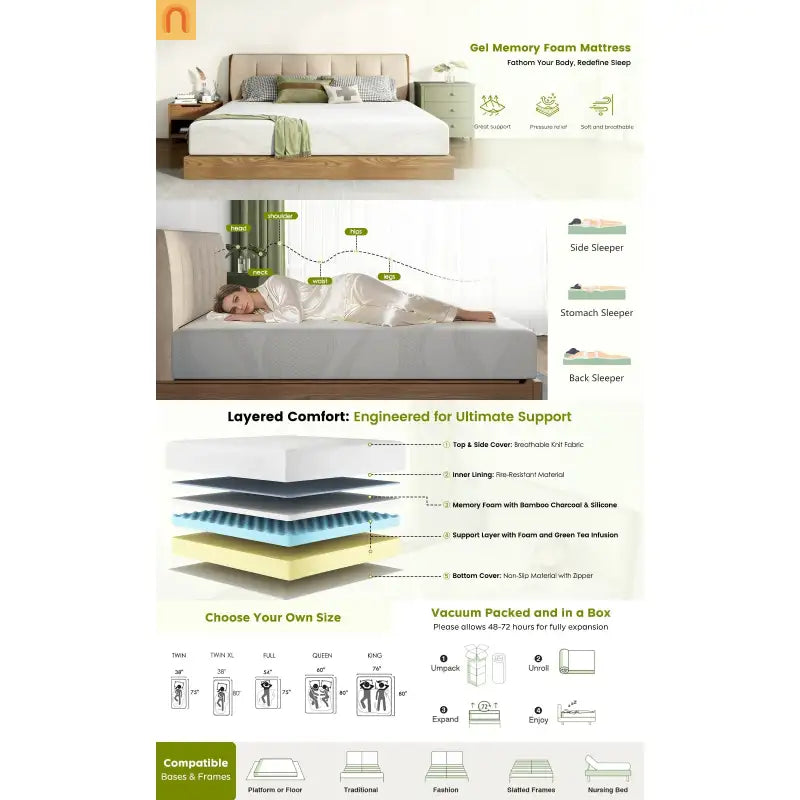 Mattress Memory Foam White King 12in Gel Cooling Layers