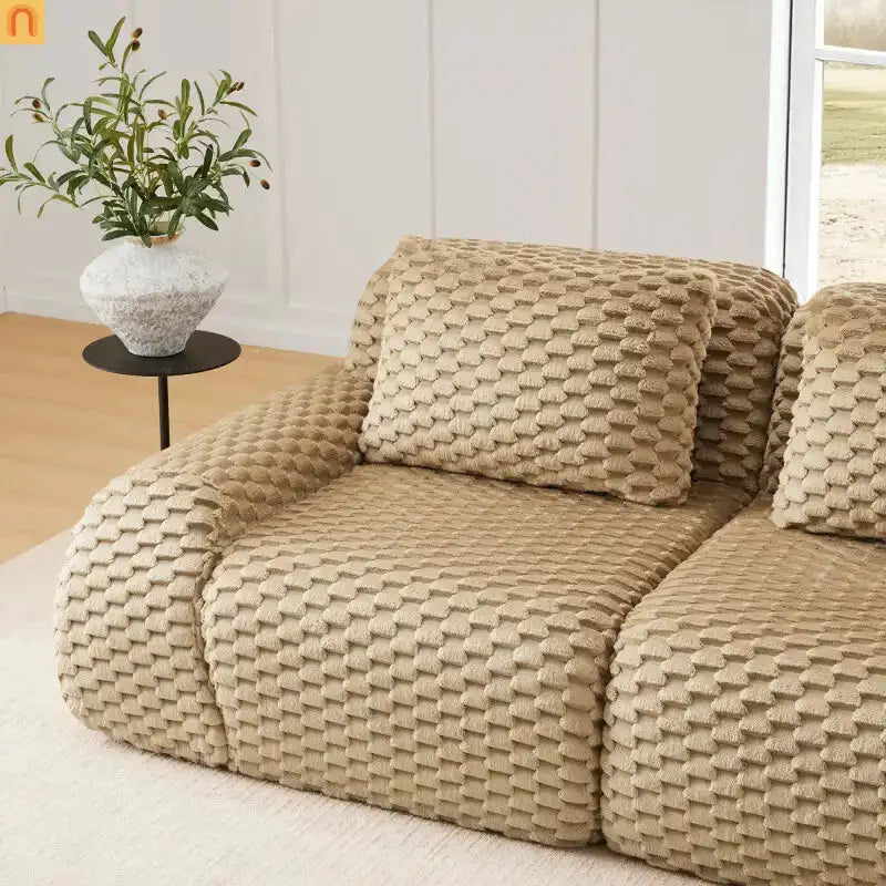 Sectional Sofa Modular Flannelette Light Camel 3 Seat Curved Footrest