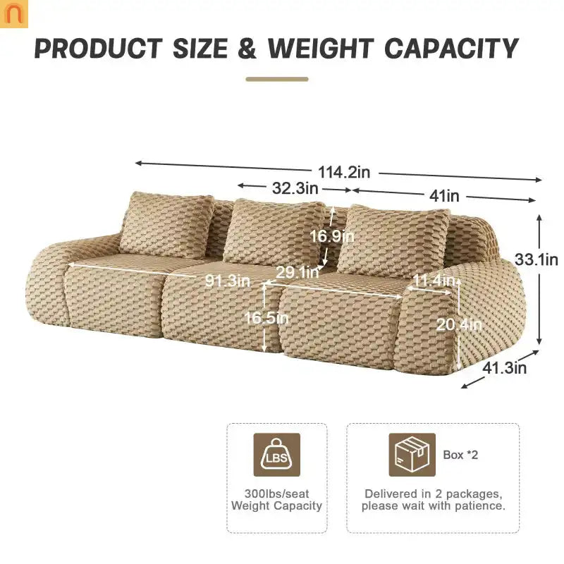 Sectional Sofa Modular Flannelette Light Camel 3 Seat Curved Footrest