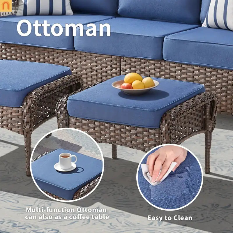 Outdoor Ottoman PE Wicker Brown Blue Cushion Set of 2 250 LB